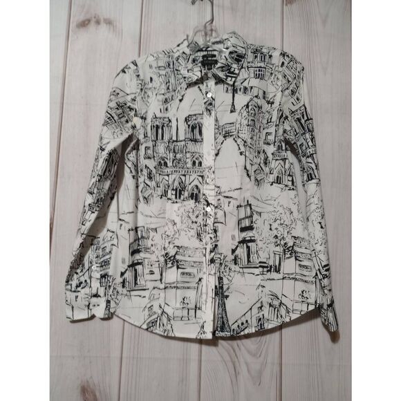 Talbots Shirt Ladies 4 Black White Button Front Long Sleeve Paris‎ Scene - Picture 1 of 9